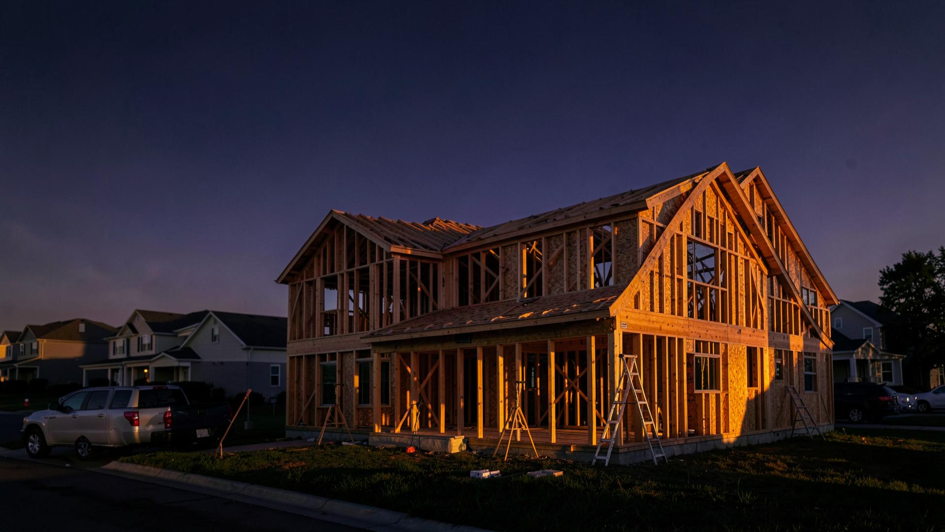 Single-family home under construction at golden hour