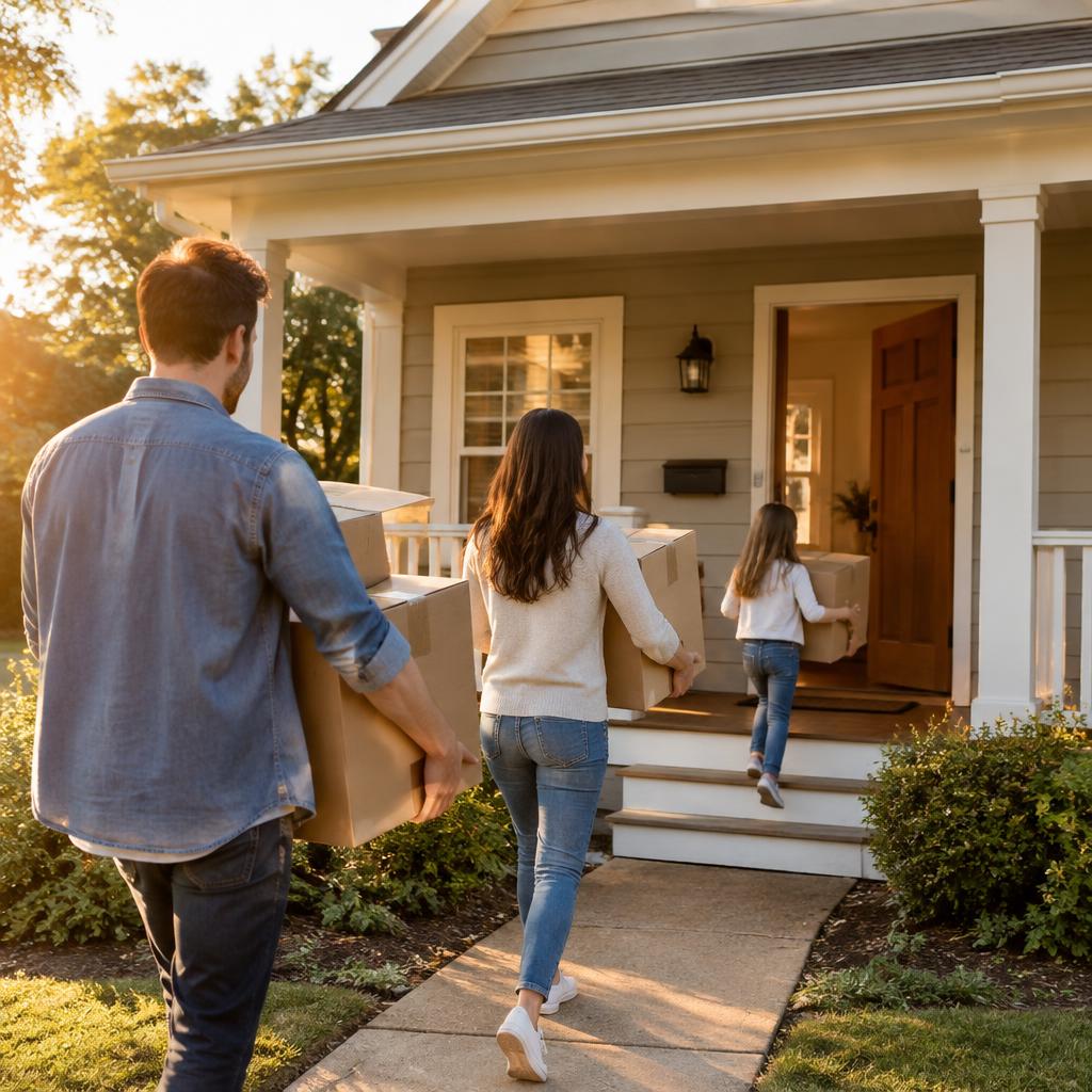 Family moving into a single-family rental home